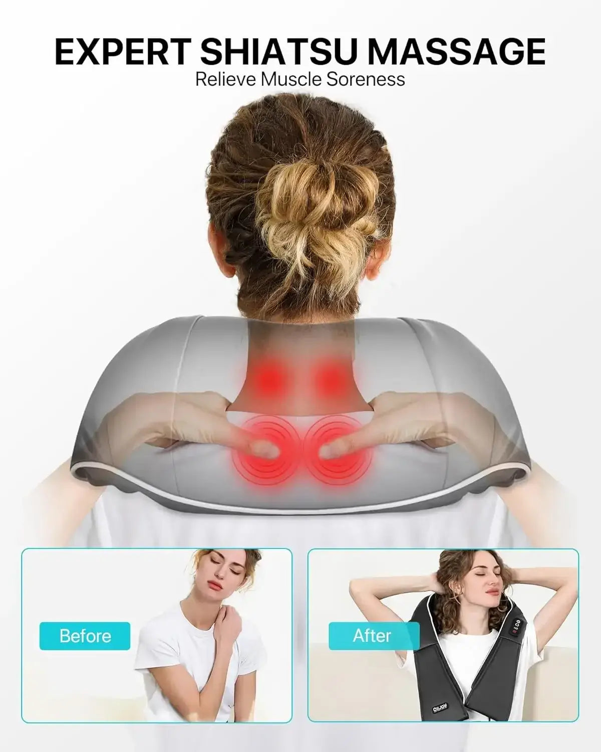 Masajeador Shiatsu de cuello y hombros con almohada de amasamiento profundo y calentada