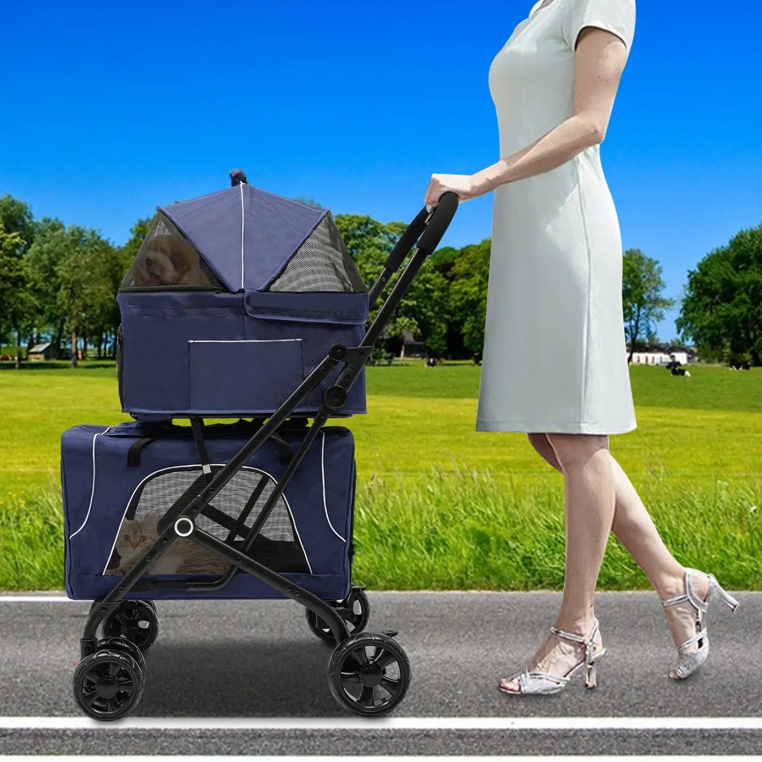 Cochecito plegable para perros y gatos, doble portador desmontable, fácil de transportar