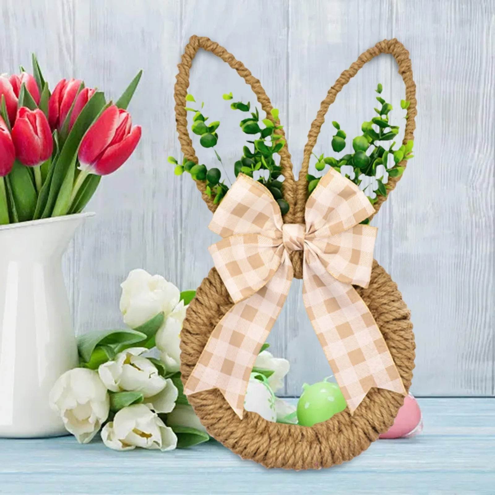 Handicrafts Spring Bunny Wreath For Spring And Easter Front Door Wall Window Decor Decorated With Bow And Green Advent Wreath - Estalios