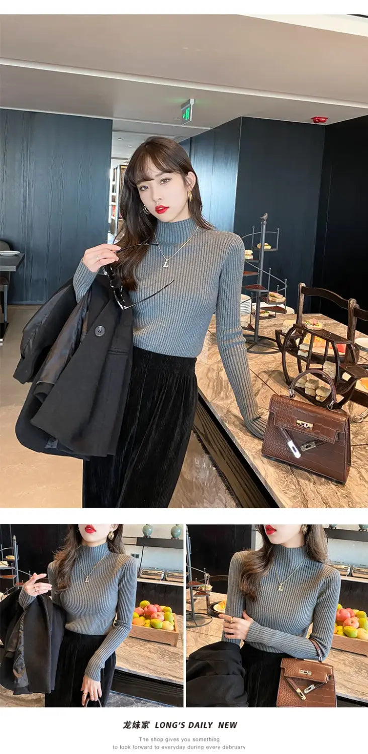 Suéter de cuello alto de punto básico sólido elegante para mujer
