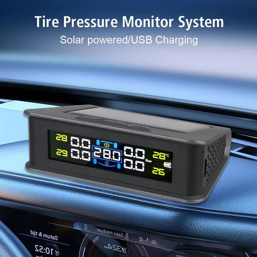 Solar TPMS with 4 sensors for tire pressure and temperature monitoring in cars.