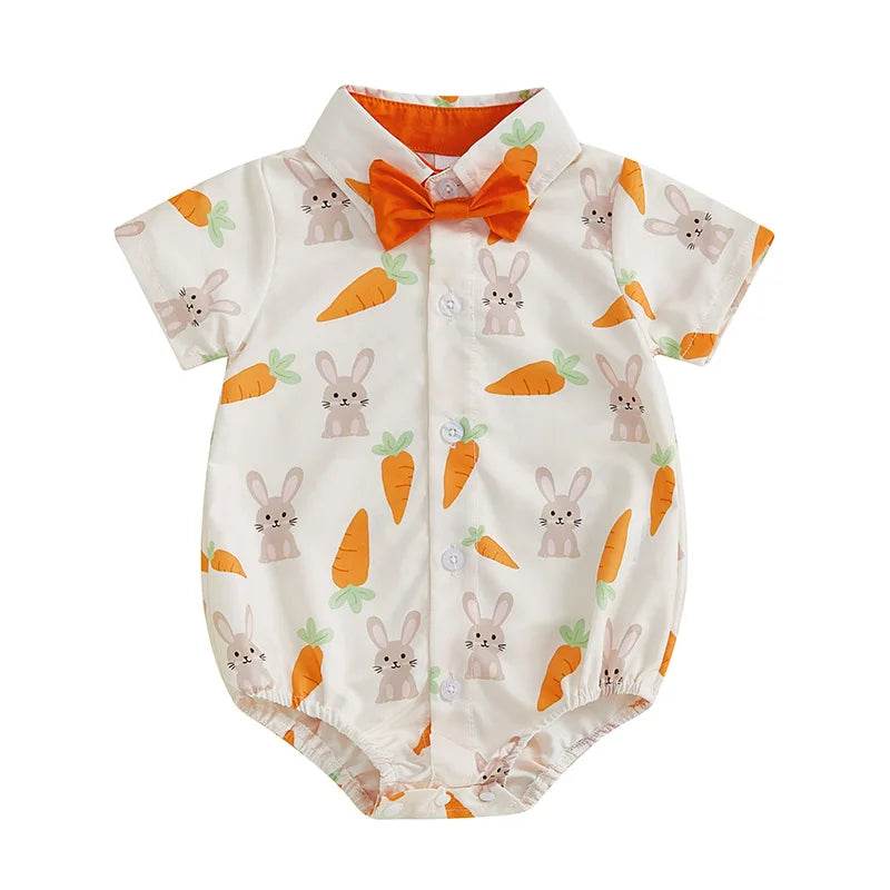 Adorable Infant Easter Outfit with Bunny Pattern Short Sleeve Lapel Collar Bodysuit and Bowtie for Spring and Summer - Estalios