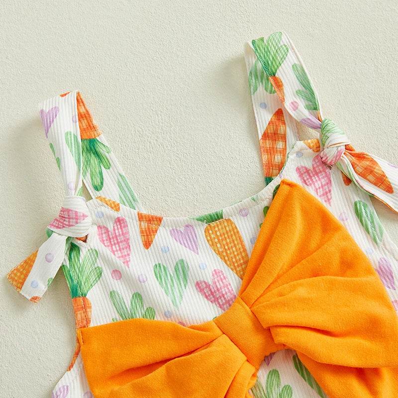 Adorable Baby Girls Easter Bunny Romper with Carrot Print and Big Bow Sleeveless Flare Pants Jumpsuit Egg Design - Estalios
