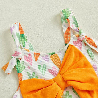 Adorable Baby Girls Easter Bunny Romper with Carrot Print and Big Bow Sleeveless Flare Pants Jumpsuit Egg Design - Estalios