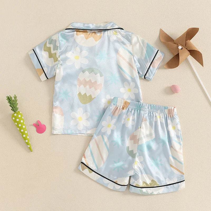 Children s Easter Pajama Set with Bunny Print Short Sleeve Lapel Button Down Top and Matching Shorts for a Cozy Sleepwear - Estalios