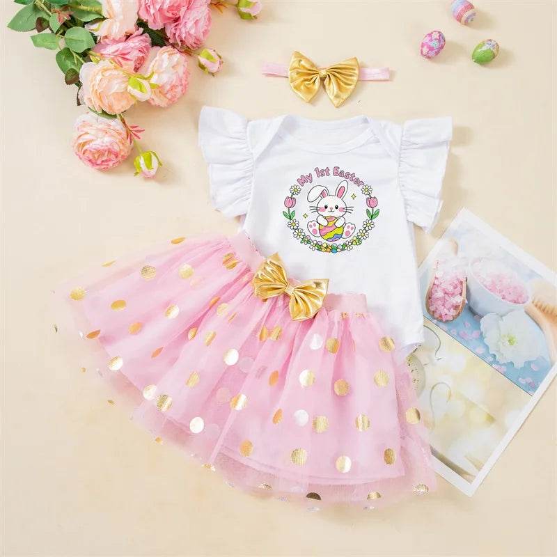 Toddler Girls Spring Floral Print Ruffle Sleeve Romper with Matching Bow Headband and Tulle Skirt - Easter Outfit - Estalios