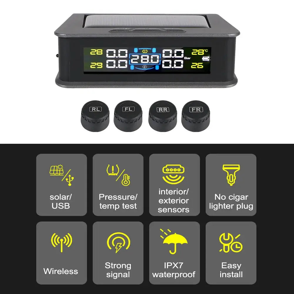 Solar-powered Tire Pressure Monitoring System with 4 external sensors for cars.