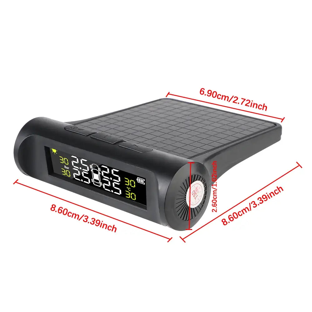 Black solar-powered Tire Pressure Monitoring System with 4 external sensors for cars