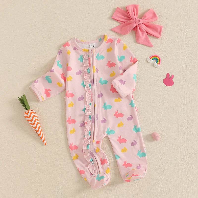 Toddler Girl 2-Piece Easter Dress Set with Bunny Print Long Sleeve Ruffle Jumpsuit and Matching Headband - Adorable Newborn - Estalios
