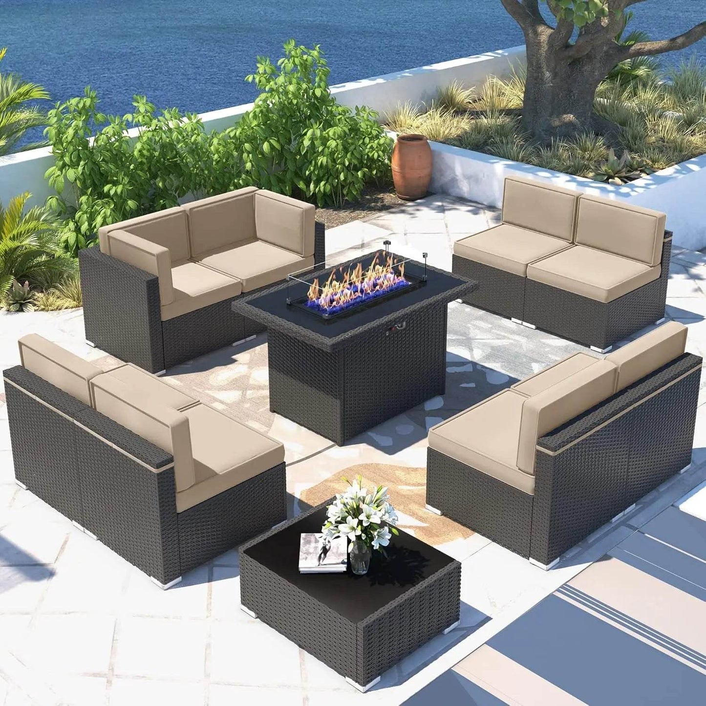 Patio Furniture Set Fire Pit Table Outdoor Sectional Sofa - Estalios
