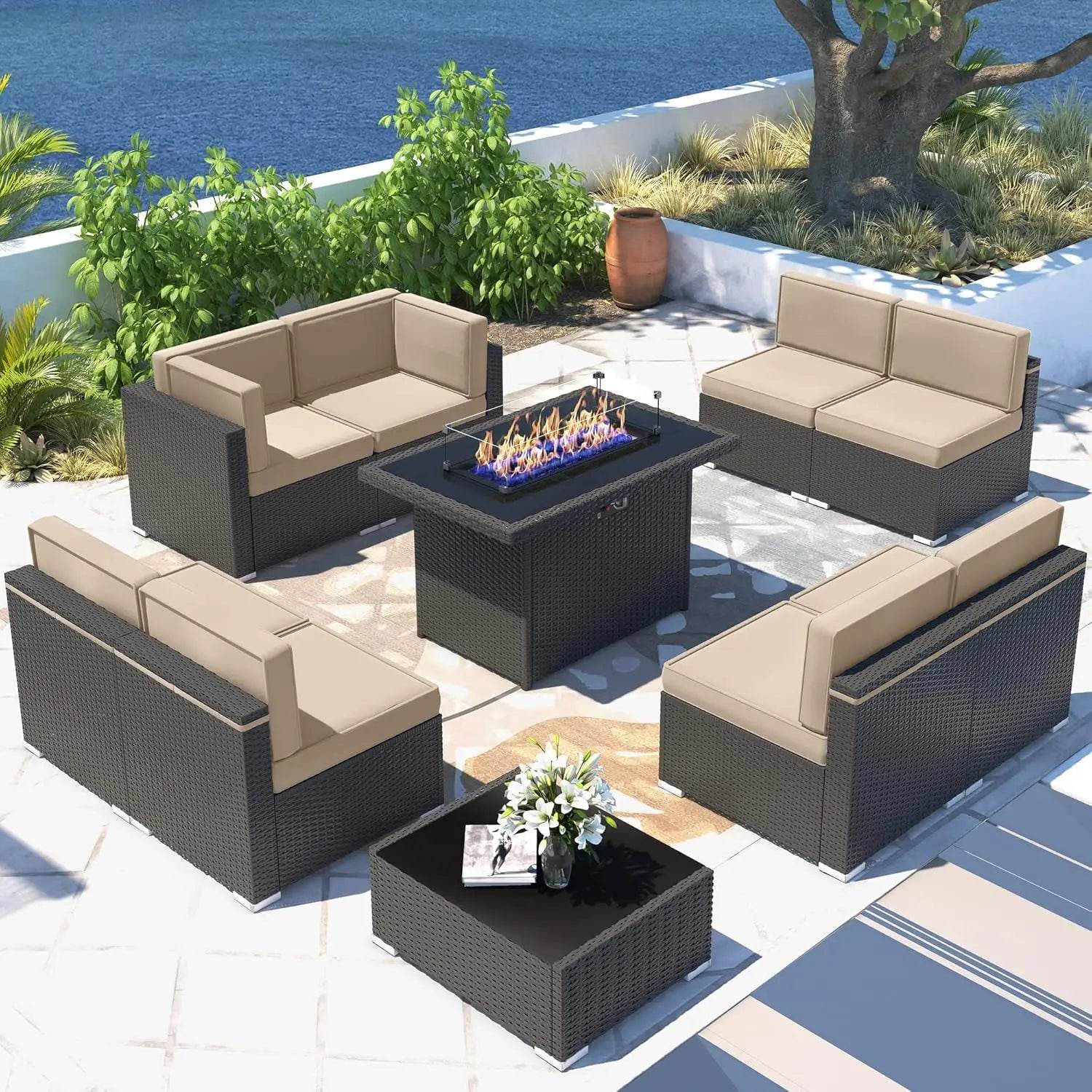 Patio Furniture Set Fire Pit Table Outdoor Sectional Sofa - Estalios