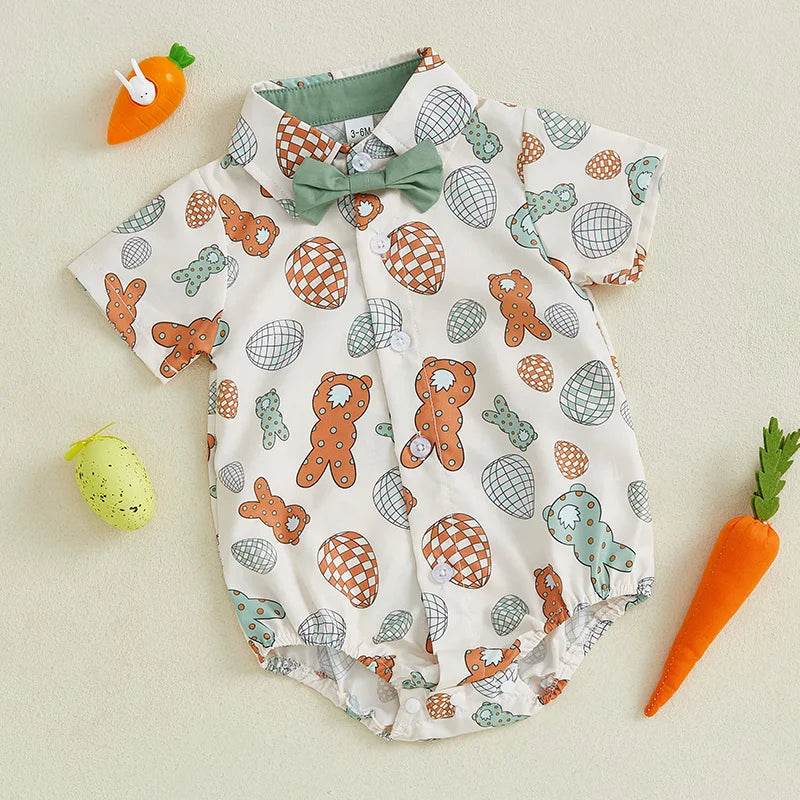 Adorable Infant Easter Outfit with Bunny Pattern Short Sleeve Lapel Collar Bodysuit and Bowtie for Spring and Summer - Estalios