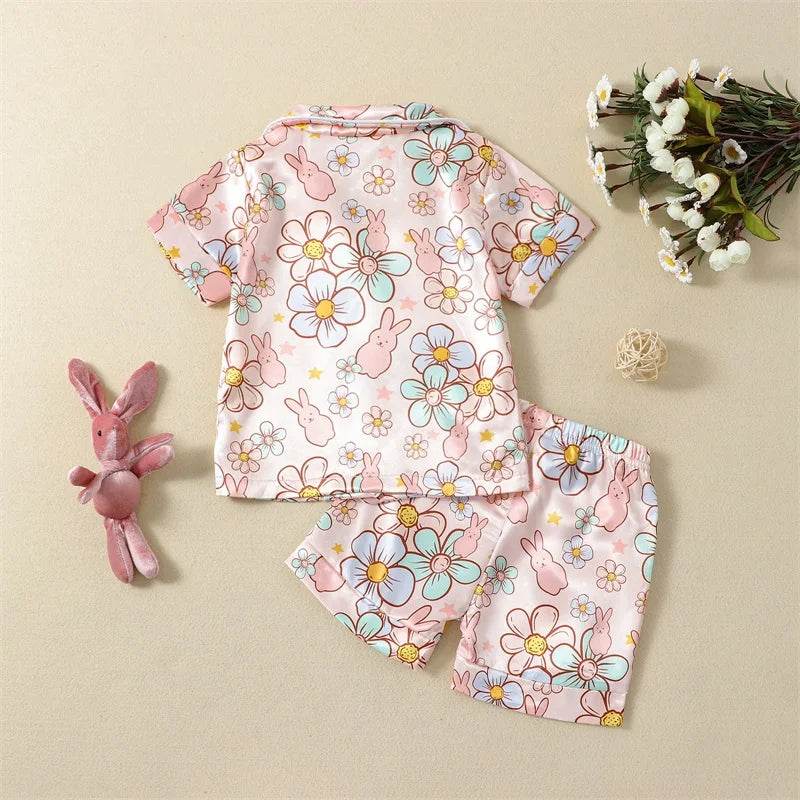 2Pcs Boys Easter Pajamas Set Long Sleeve Striped Print Button Down Shirts and Pants Set Loungewear for Kids - Estalios