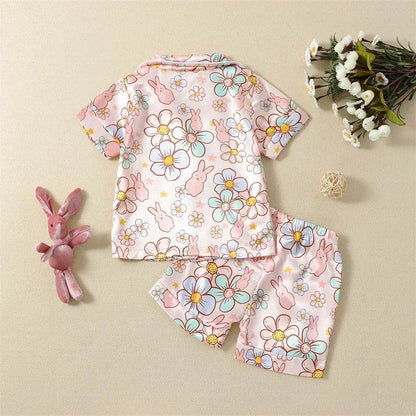 2Pcs Boys Easter Pajamas Set Long Sleeve Striped Print Button Down Shirts and Pants Set Loungewear for Kids - Estalios