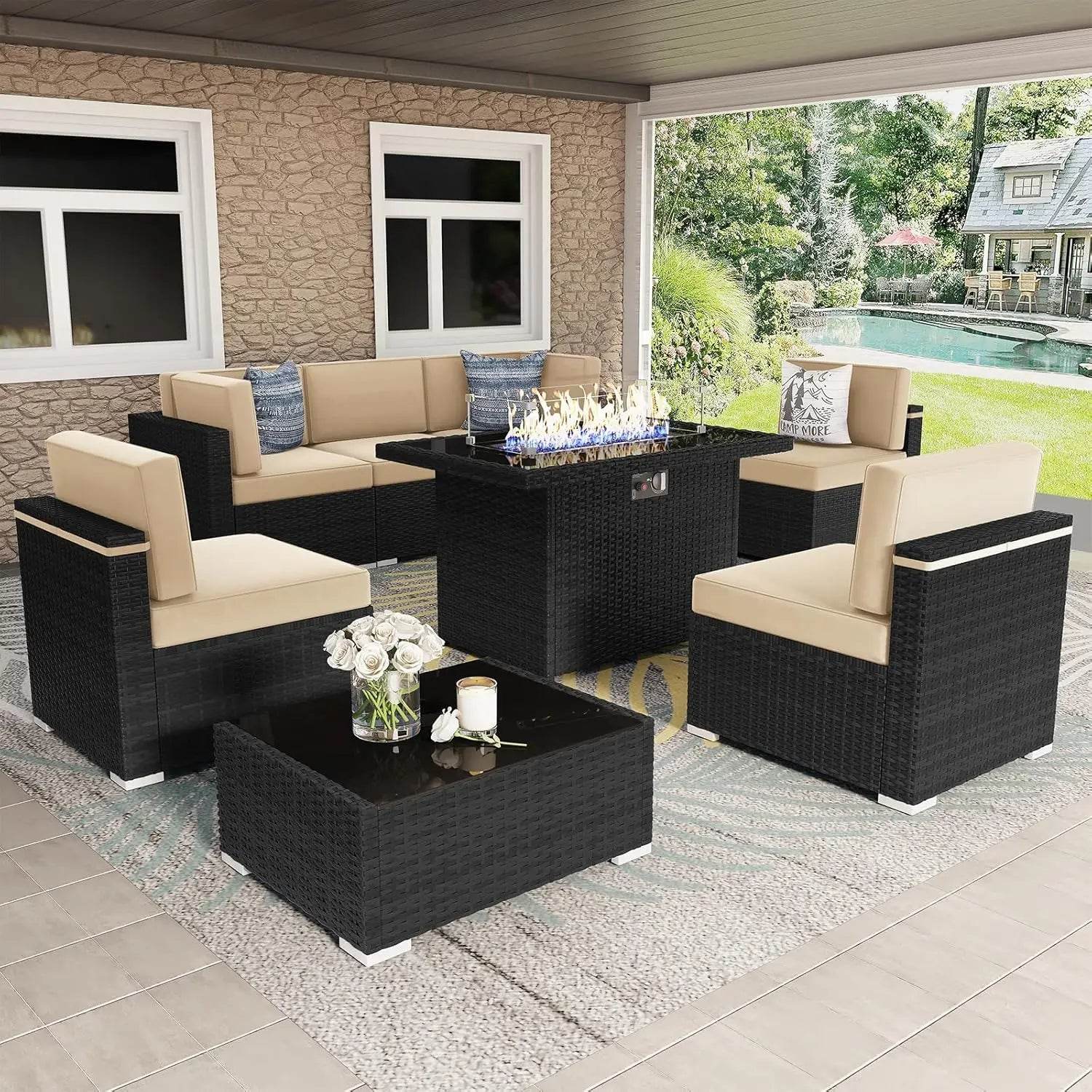 Patio Furniture Set Fire Pit Table Outdoor Sectional Sofa - Estalios