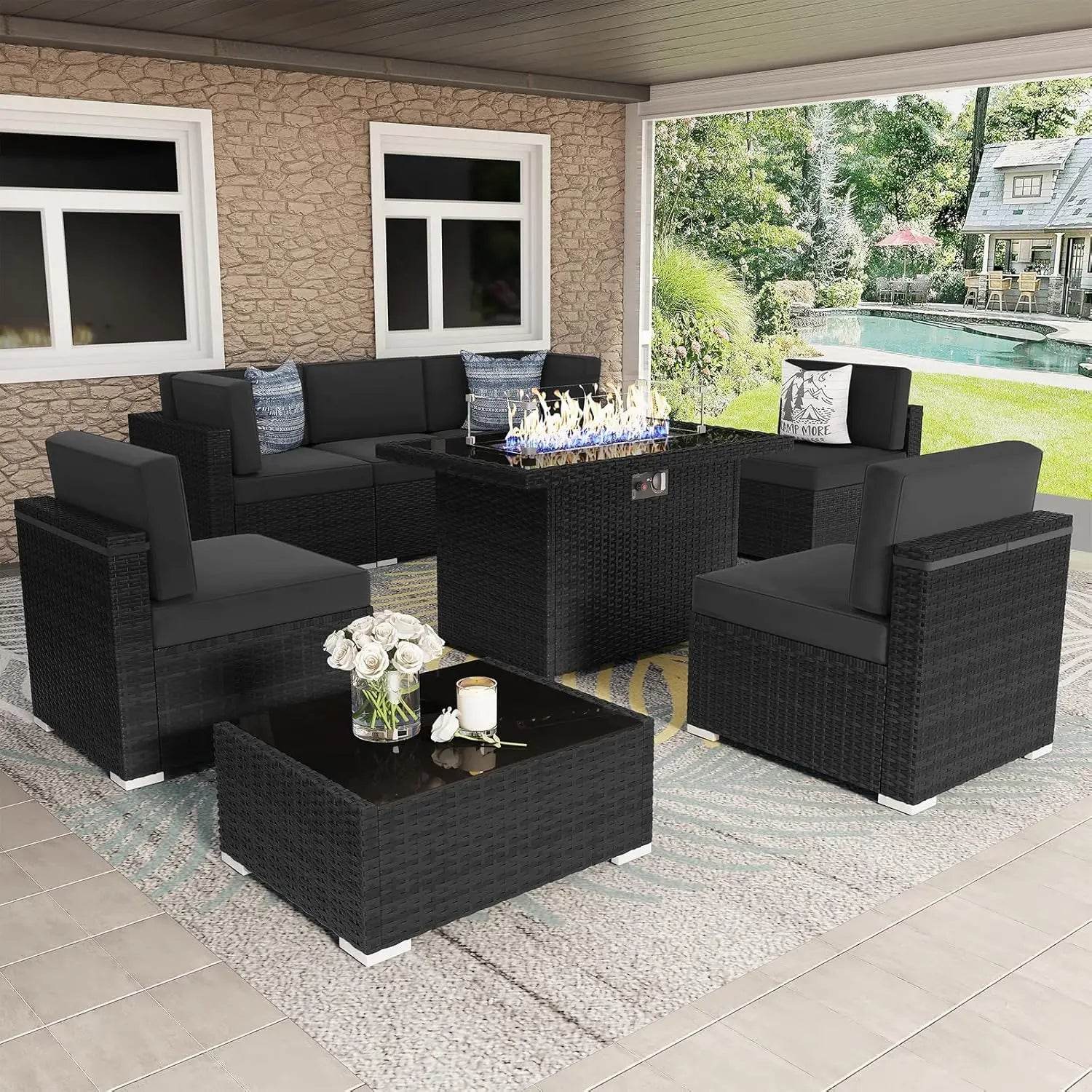 Patio Furniture Set Fire Pit Table Outdoor Sectional Sofa - Estalios
