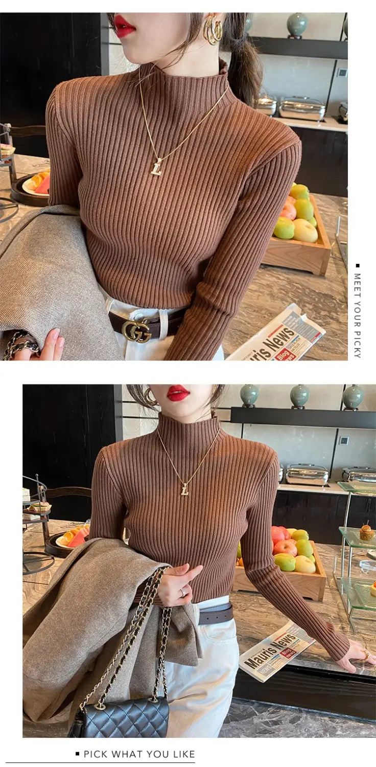 Suéter de cuello alto de punto básico sólido elegante para mujer