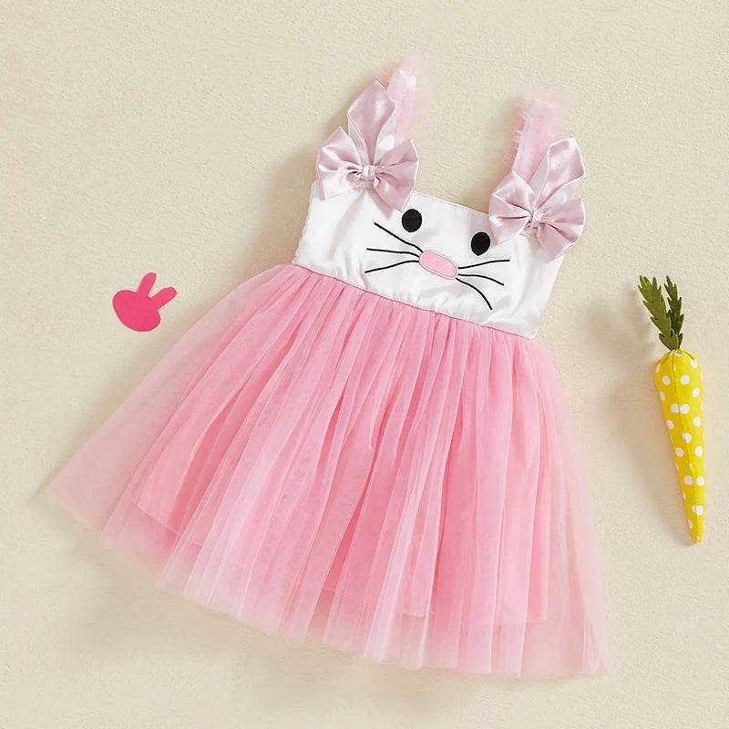 Adorable Baby Girls Easter Outfit Sleeveless Bunny Print Suspender Dress with Tulle Skirt for Spring and Summer Celebrations - Estalios