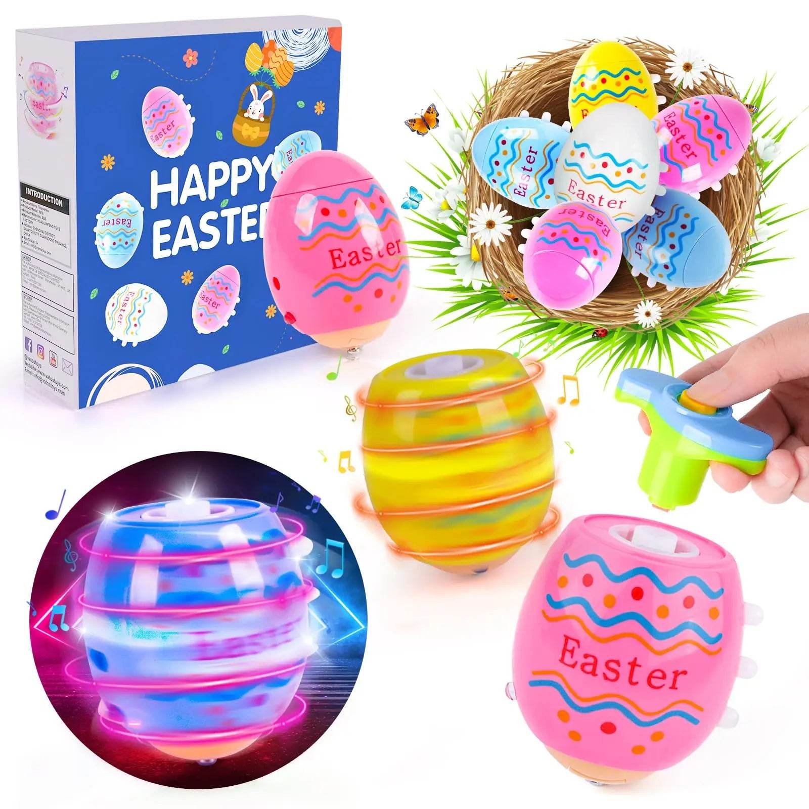 2024 TERRAMUS Easter Eggs Toys-6Pack Spinning Tops LED&Singing Party Favors Basket Stuffers Plastic Easter Gifts for Kids3+ - Estalios