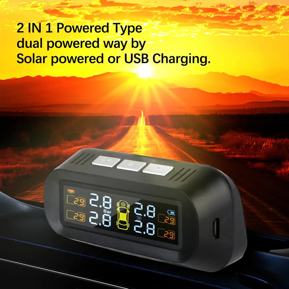 Black Tire Pressure Monitoring System for cars with 4 external solar sensors.