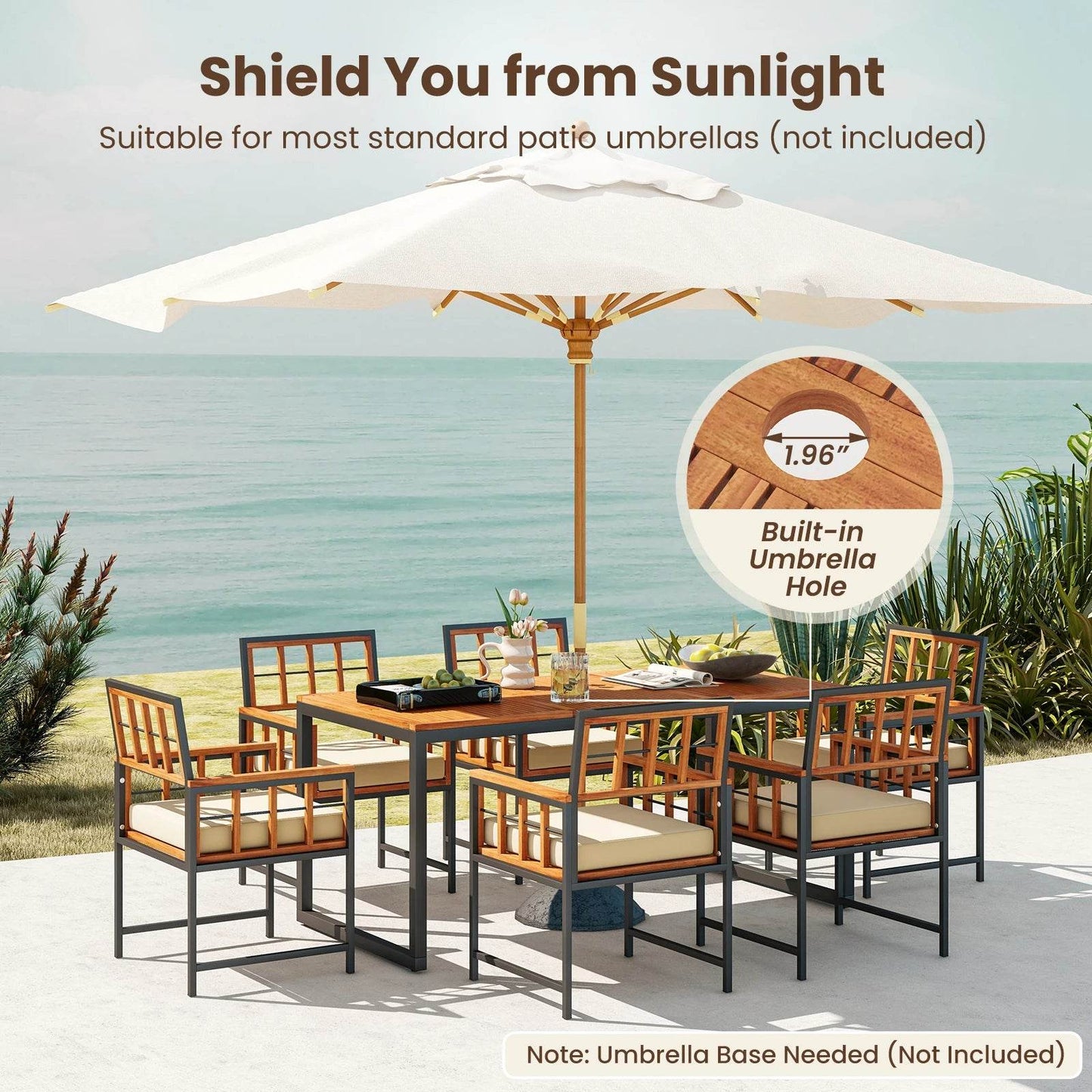 7 PCS Patio Dining Set with Acacia Wood Table and Cushions - Estalios