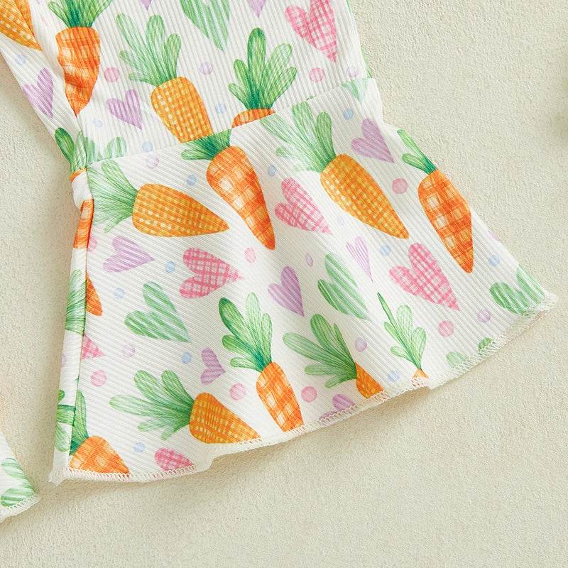 Adorable Baby Girls Easter Bunny Romper with Carrot Print and Big Bow Sleeveless Flare Pants Jumpsuit Egg Design - Estalios