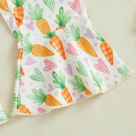Adorable Baby Girls Easter Bunny Romper with Carrot Print and Big Bow Sleeveless Flare Pants Jumpsuit Egg Design - Estalios