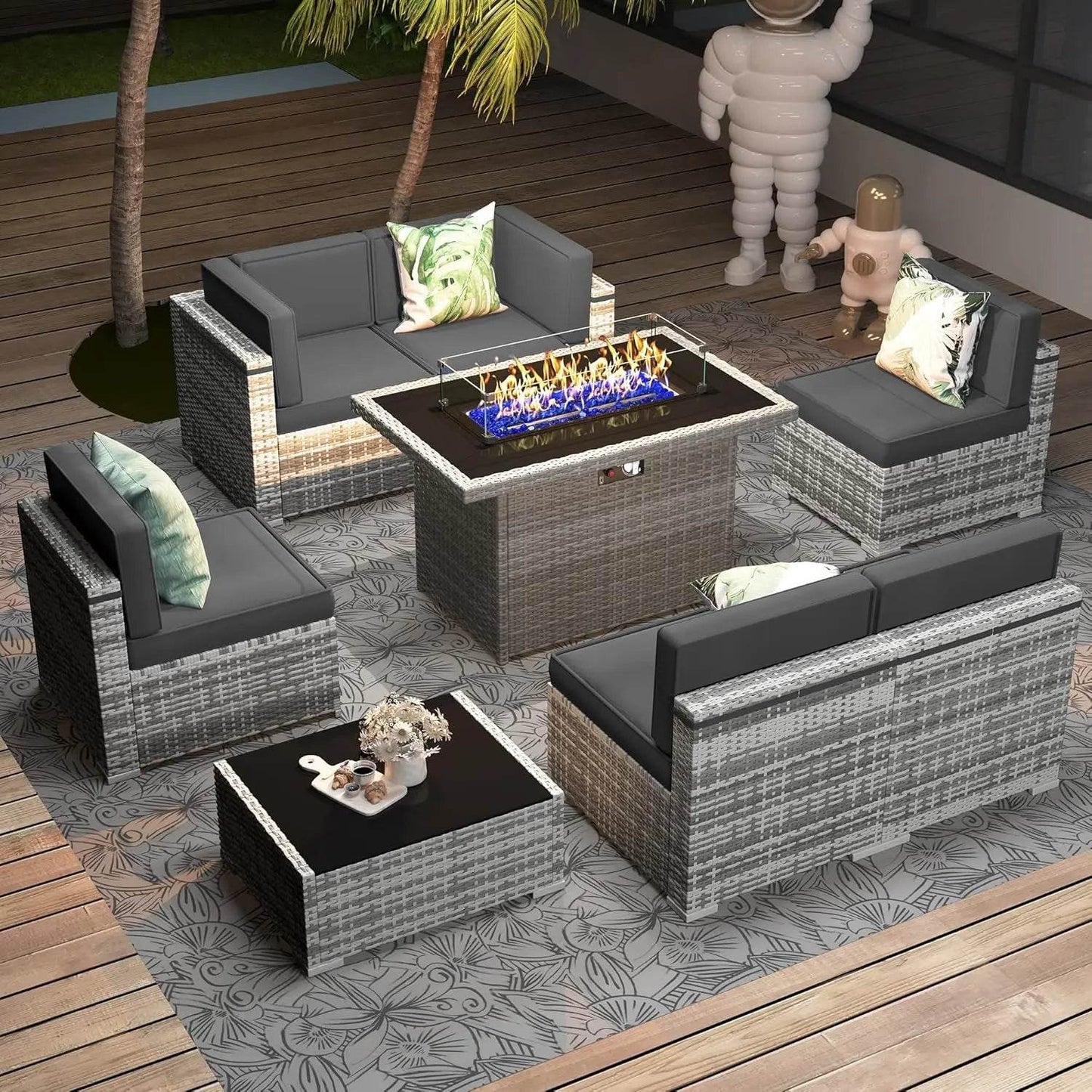 Patio Furniture Set Fire Pit Table Outdoor Sectional Sofa - Estalios