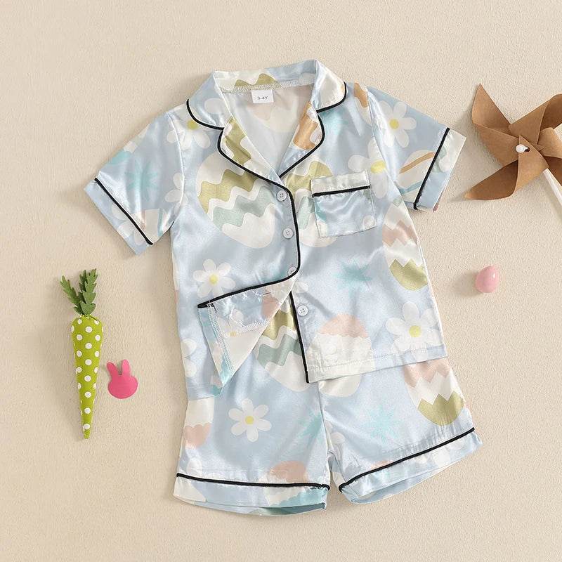 Children s Easter Pajama Set with Bunny Print Short Sleeve Lapel Button Down Top and Matching Shorts for a Cozy Sleepwear - Estalios