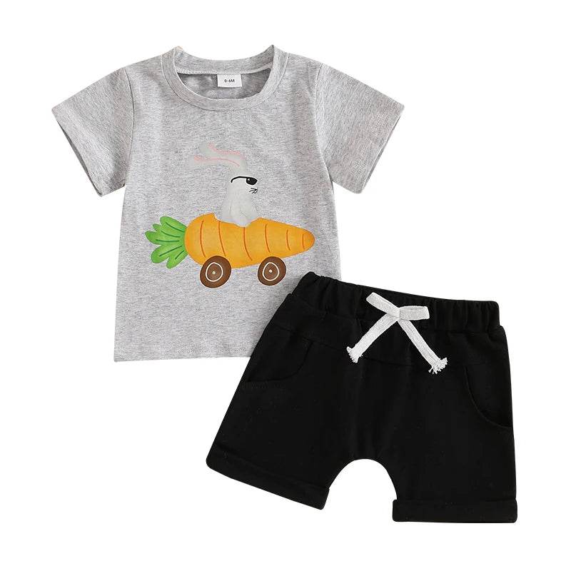 Adorable Toddler Boys Easter Outfits with Bunny Print Round Neck Short Sleeve T-Shirts and Elastic Waist Shorts - 2 Piece - Estalios