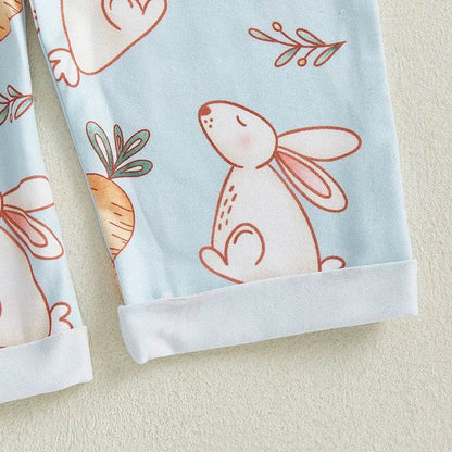 Easter Bunny Print Toddler Boy Sleeveless Square Neck Suspender Romper with Carrot and Cross Design - Estalios