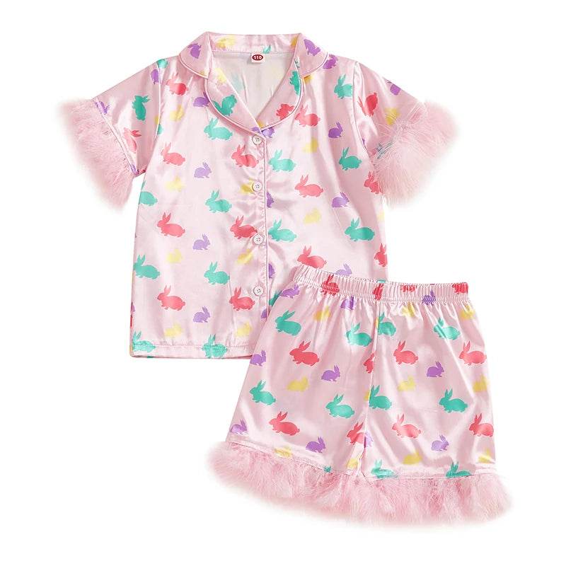 Women s Easter 2-Piece Pajama Set with Short Sleeve Lapel Bunny Print Shirt and Shorts for Comfortable Sleepwear - Estalios