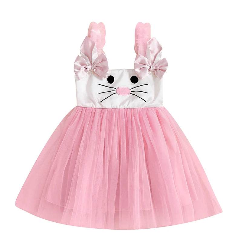 Adorable Baby Girls Easter Outfit Sleeveless Bunny Print Suspender Dress with Tulle Skirt for Spring and Summer Celebrations - Estalios