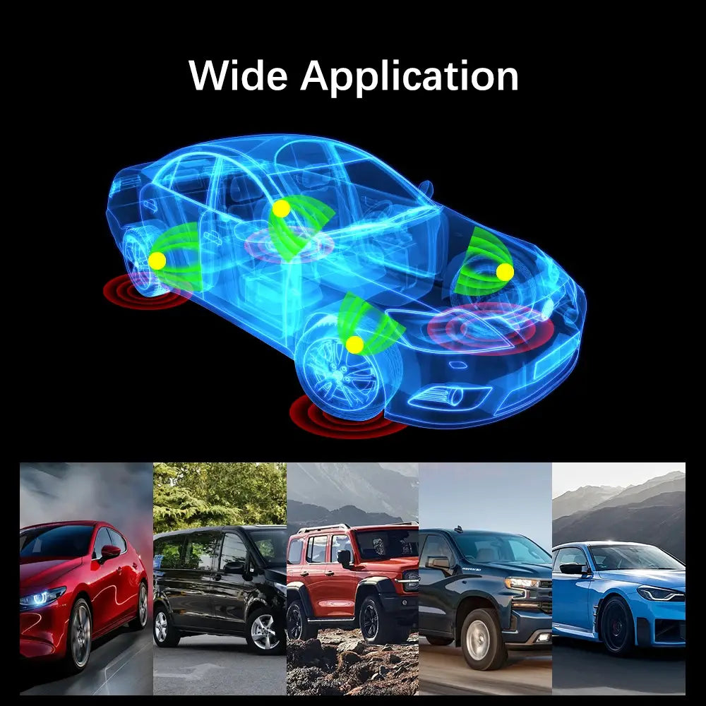 Automotive application showcase of Tire Pressure Monitoring System with 4 sensors.