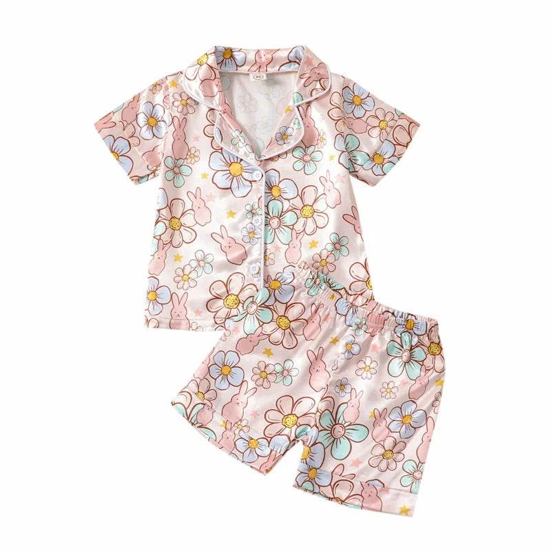 2Pcs Boys Easter Pajamas Set Long Sleeve Striped Print Button Down Shirts and Pants Set Loungewear for Kids - Estalios