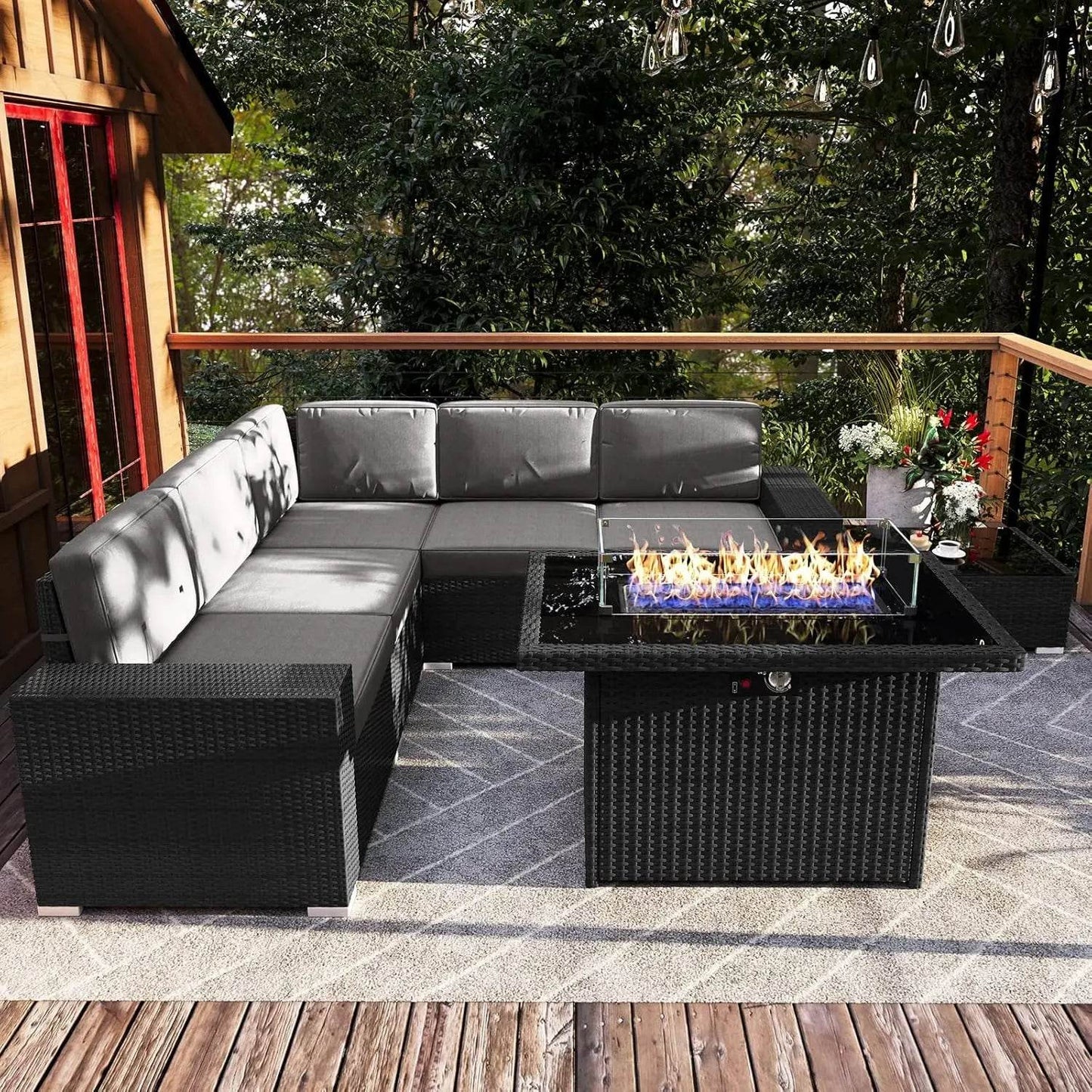 Patio Furniture Set Fire Pit Table Outdoor Sectional Sofa - Estalios