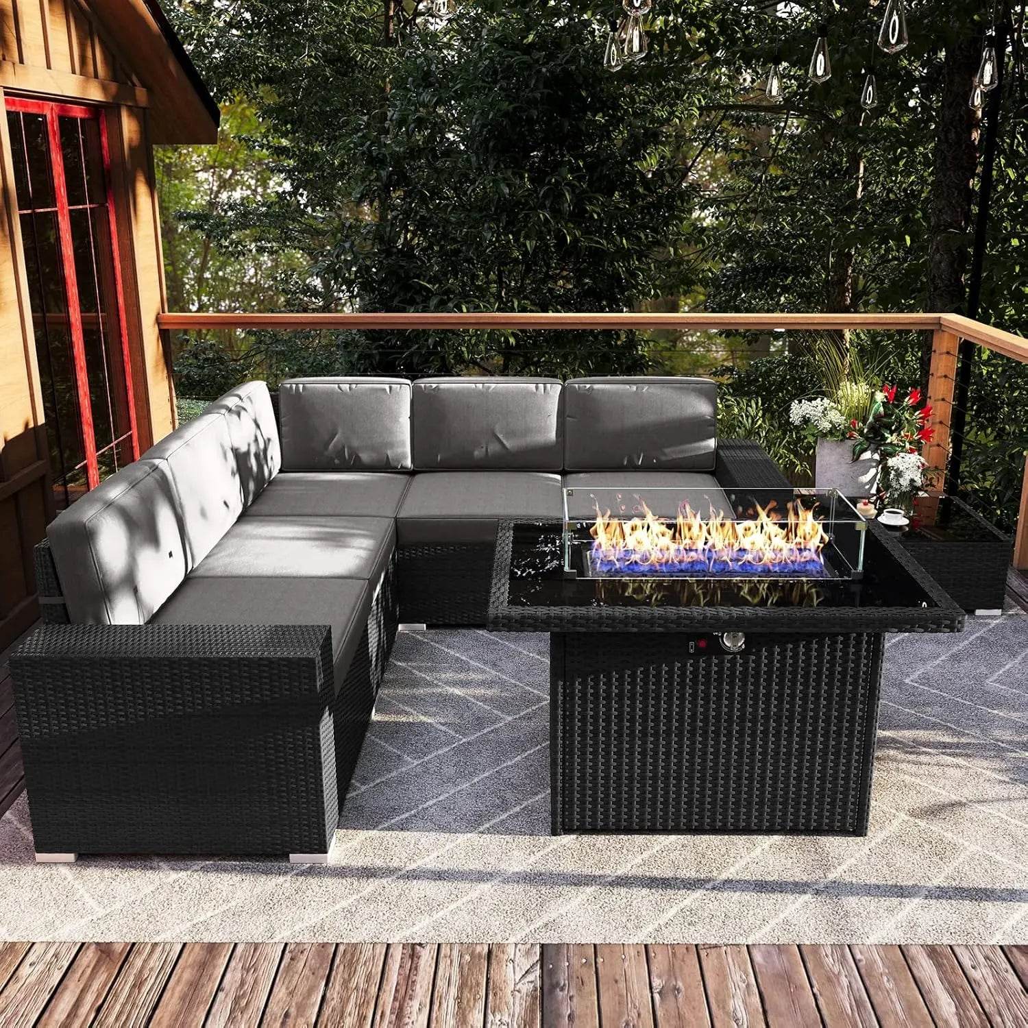 Patio Furniture Set Fire Pit Table Outdoor Sectional Sofa - Estalios