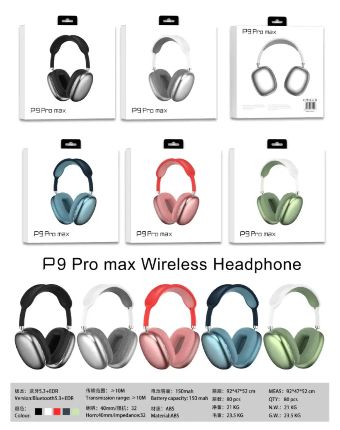P9Promax Headset Wireless Bluetooth Stereo Headset Lead Cotton Type-C Charging Factory Direct