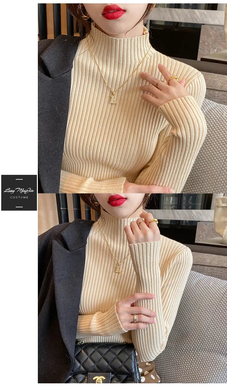 Suéter de cuello alto de punto básico sólido elegante para mujer