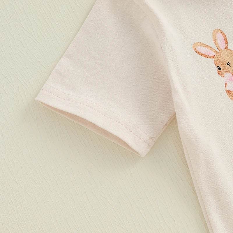 Girls Easter Outfit Short Sleeve O Neck Bow Bunny Print Top and Flared Pants Set with Matching Headband - Estalios