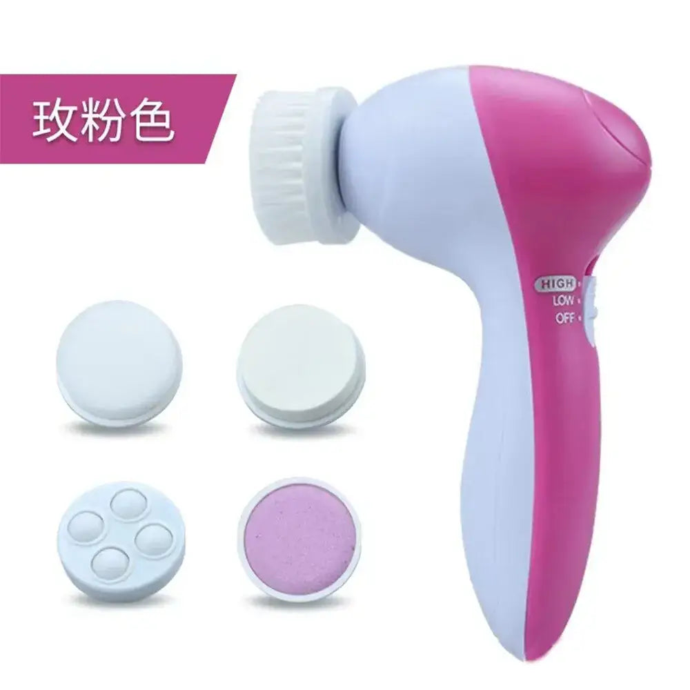 Pink and white Electric Facial Cleaner with attachments for spa-like skin care.