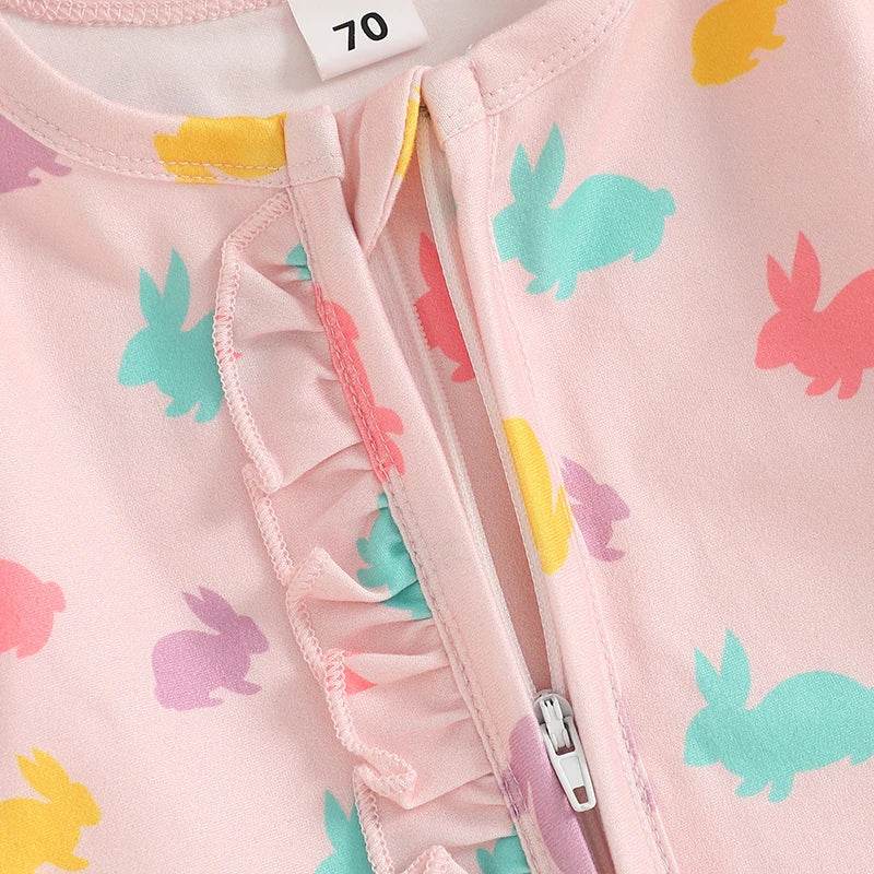 Toddler Girl 2-Piece Easter Dress Set with Bunny Print Long Sleeve Ruffle Jumpsuit and Matching Headband - Adorable Newborn - Estalios