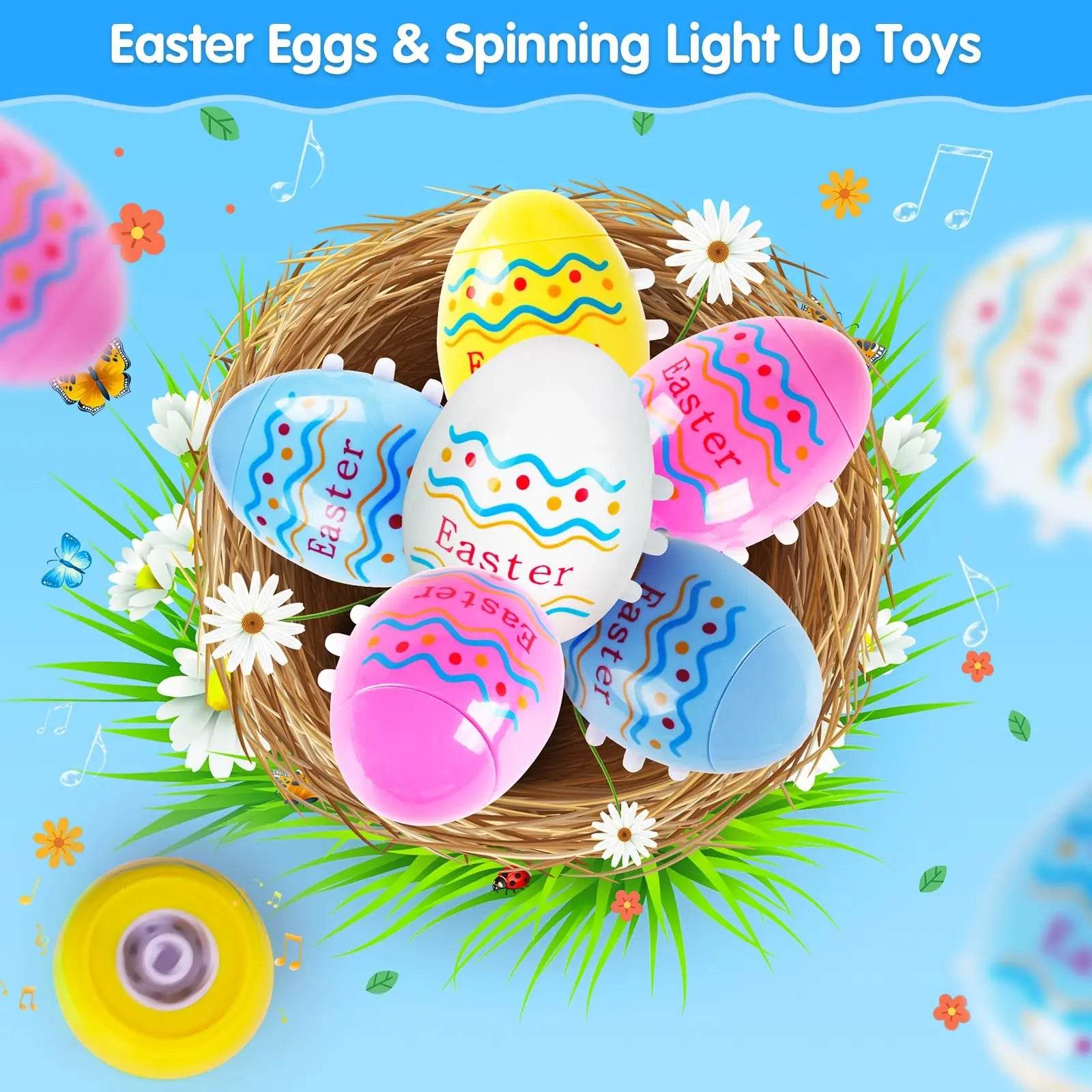 2024 TERRAMUS Easter Eggs Toys-6Pack Spinning Tops LED&Singing Party Favors Basket Stuffers Plastic Easter Gifts for Kids3+ - Estalios