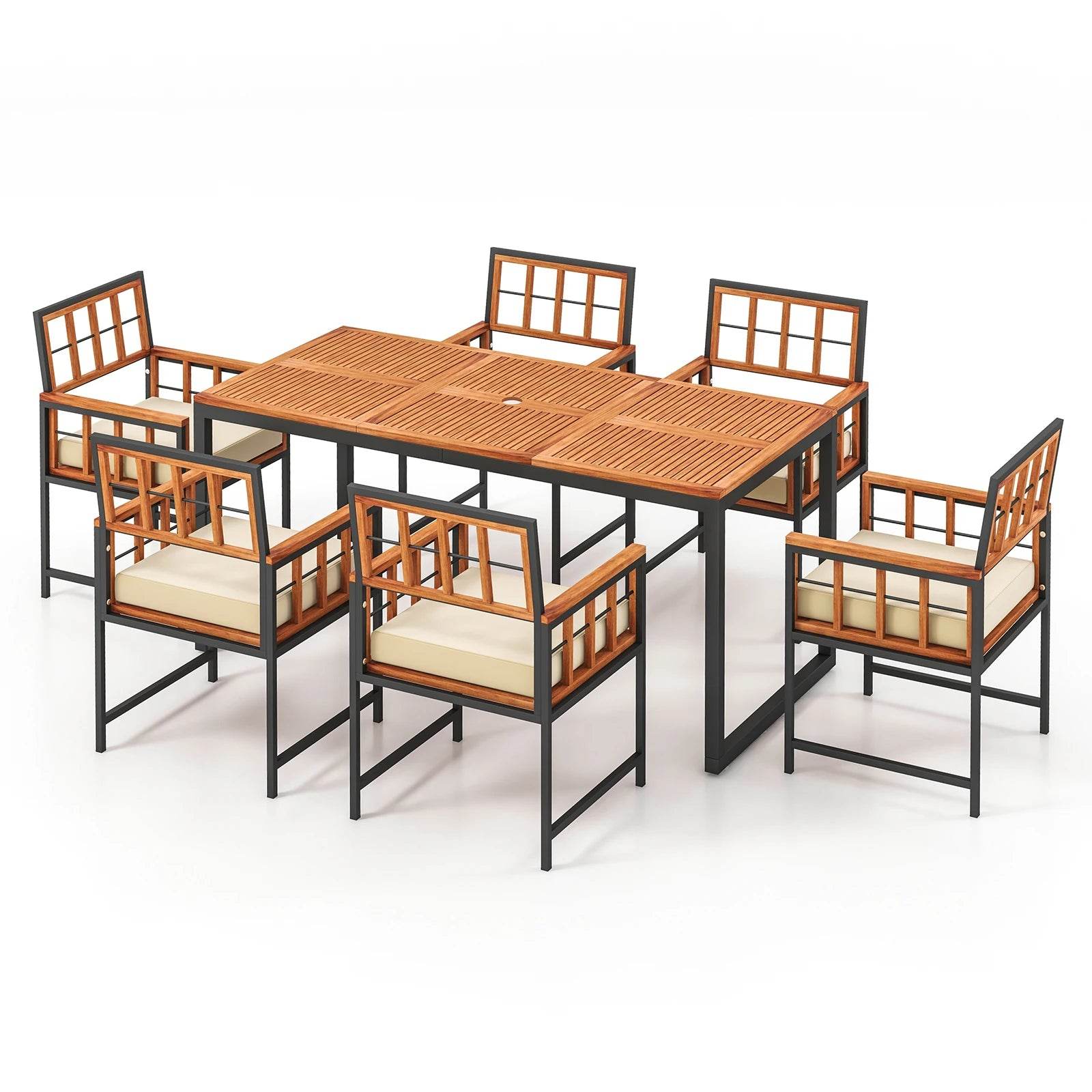 7 PCS Patio Dining Set with Acacia Wood Table and Cushions - Estalios