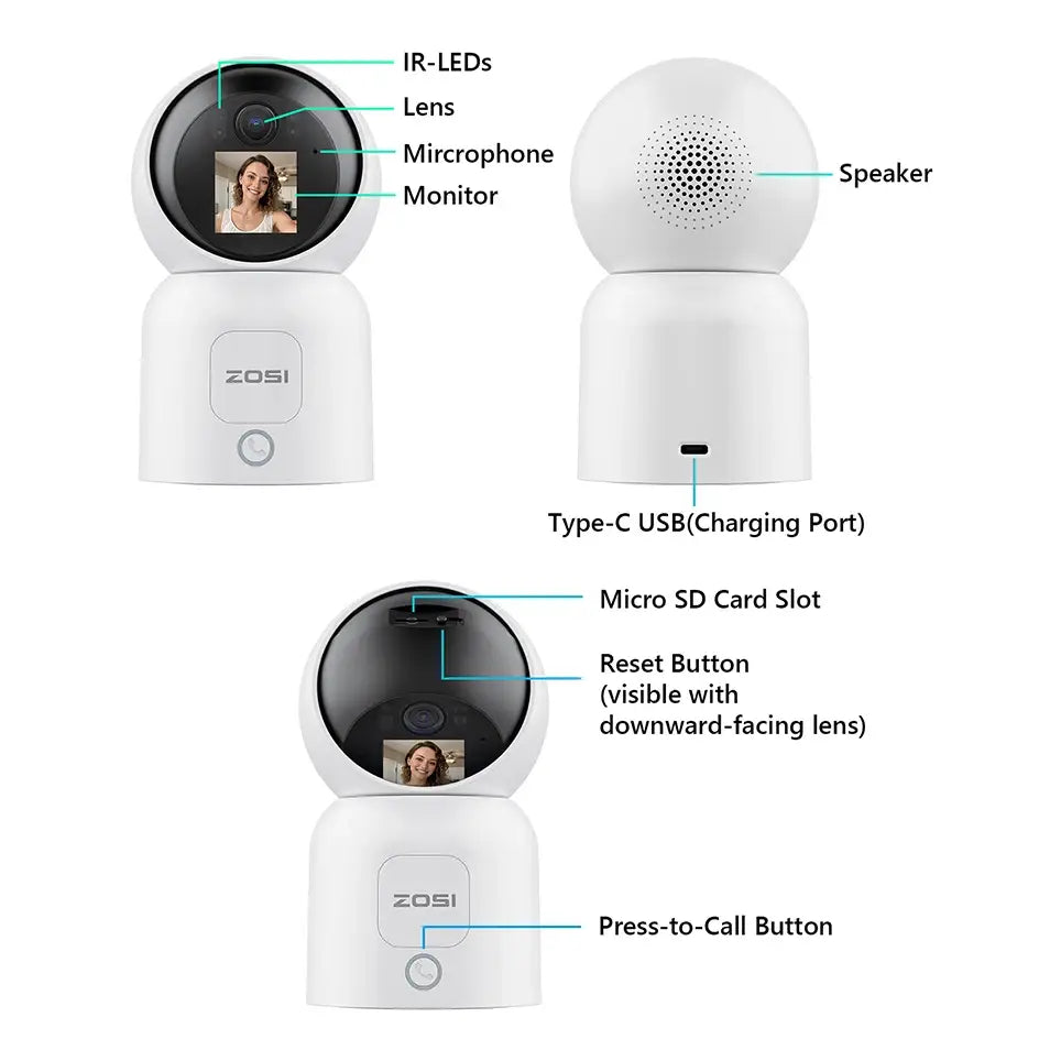 Cámaras inteligentes para bebés ZOSI con WiFi, PTZ, seguimiento automático, IA, panorámica de 360°, videovigilancia para interiores