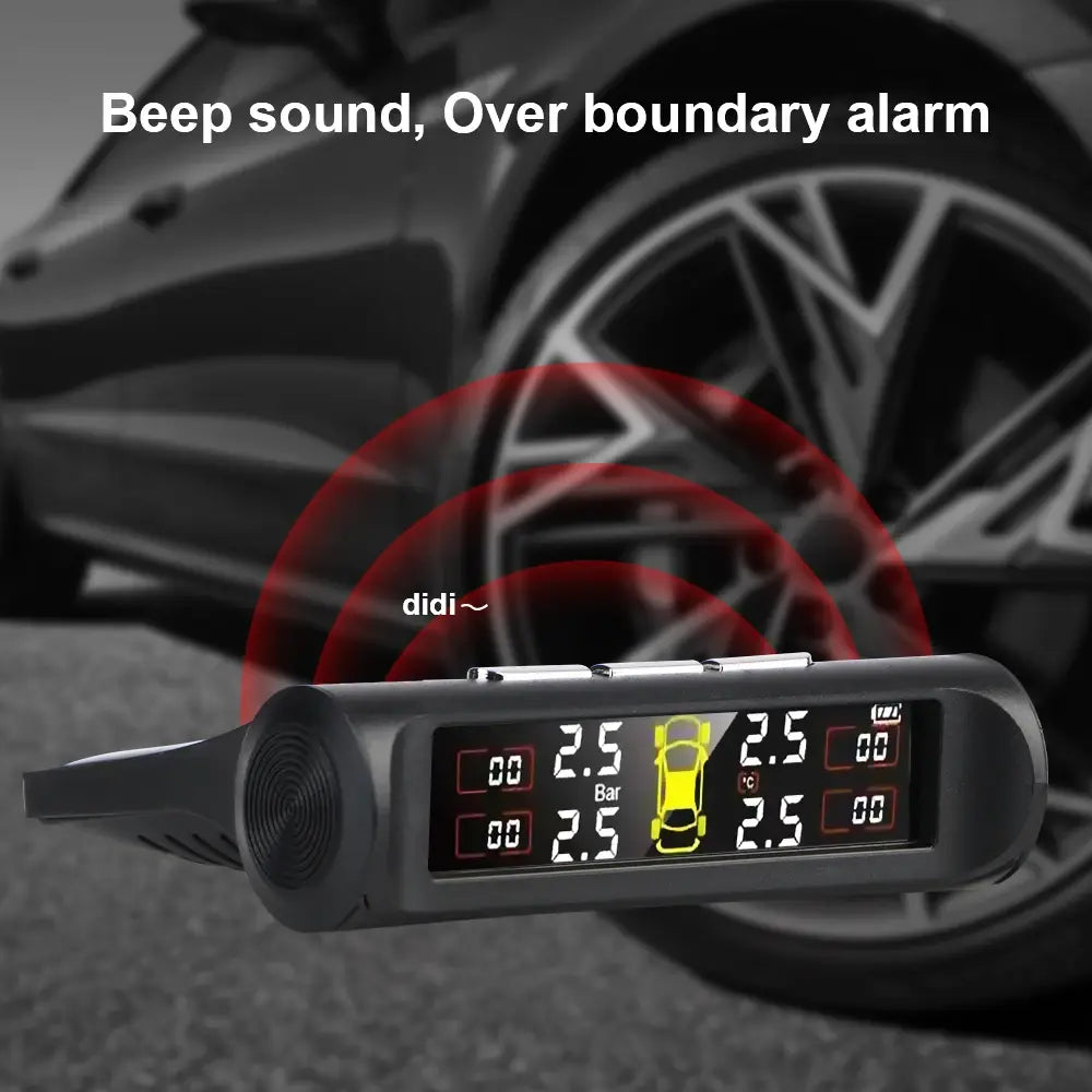 Tire Pressure Monitoring System with digital display and solar-powered external sensors