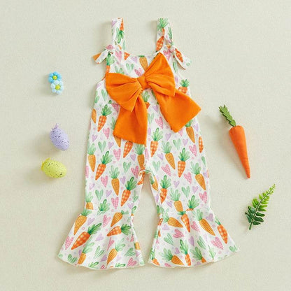 Adorable Baby Girls Easter Bunny Romper with Carrot Print and Big Bow Sleeveless Flare Pants Jumpsuit Egg Design - Estalios