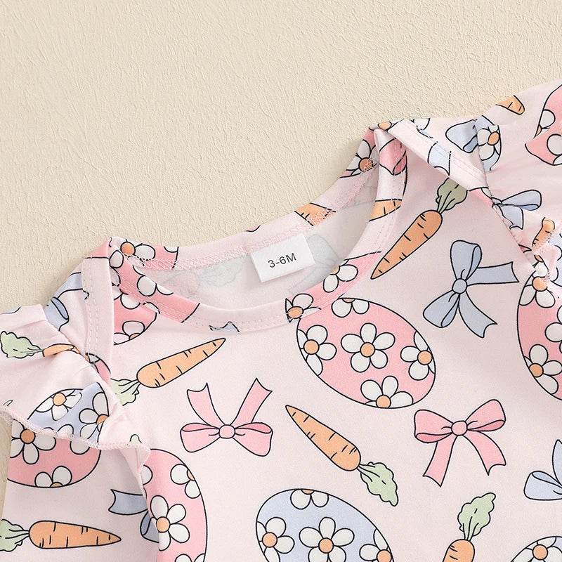 Toddler Boys Easter Outfits Chick Print Short Sleeves Romper with Carrot Embroidery Overall Shorts and Hat Set - Estalios