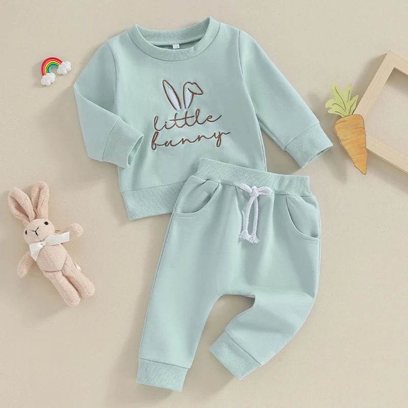2023-11-07 Lioraitiin 0-3Y Toddler Girls Easter Outfit Letter Bunny Embroidery Long Sleeve Sweatshirt and Elastic Waist Pant Set - Estalios