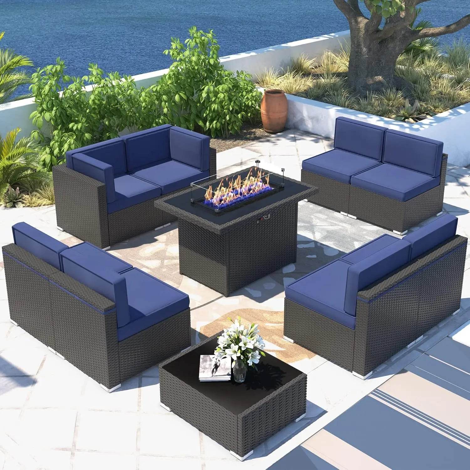 Patio Furniture Set Fire Pit Table Outdoor Sectional Sofa - Estalios